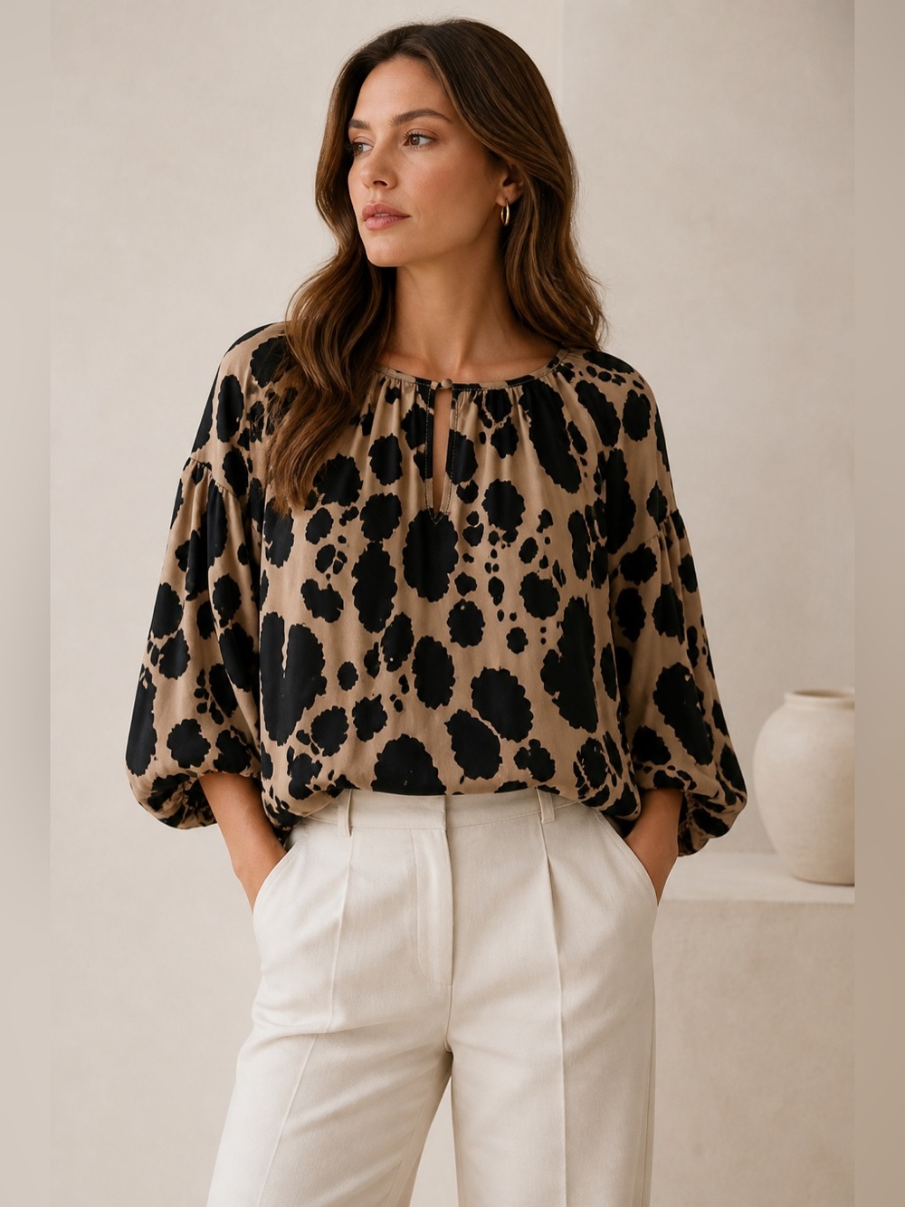 Anthropologie Corey Lynn Calter  Boho Blouse Medium Lipsy Cow Print   Dolman
